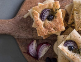 Focaccia with Red Onion, Olives and Rosemary